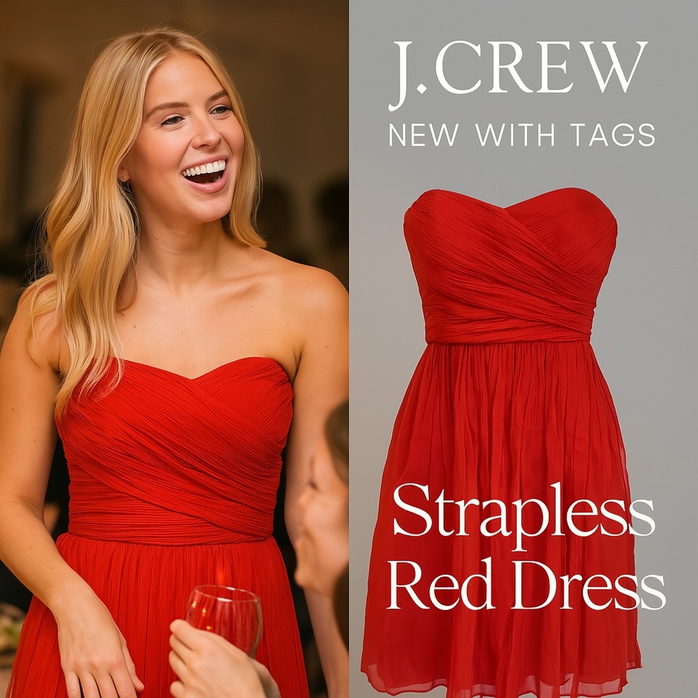 J.Crew Strapless Red Dress – New with Tags, Elegant & Flowy